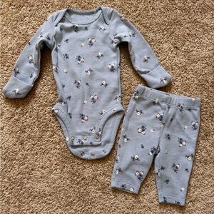 Baby Blue Floral Waffle Knit Long Sleeve Bodysuit & Pants Set